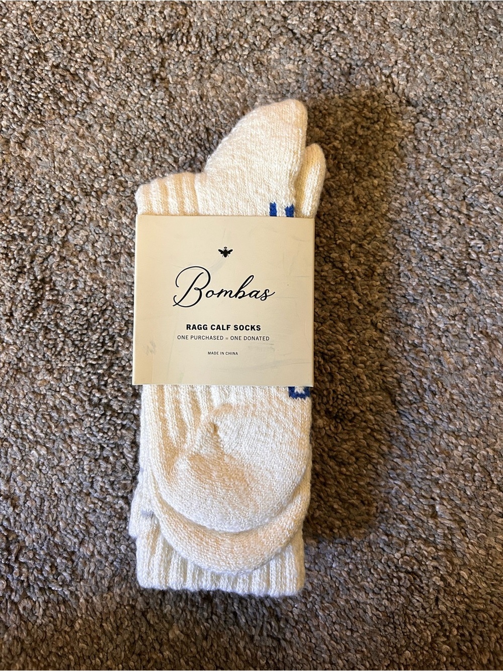 Bombas Women's White Ragg Calf Socks with Small Blue Detail size M